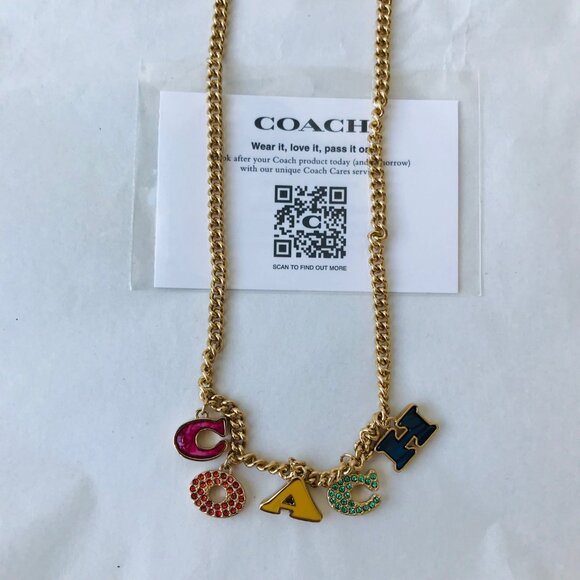 COACH Signature Gold-Tone/ Multicolor Embellished Logo Necklace w Jewelry bag - Picture 8 of 10